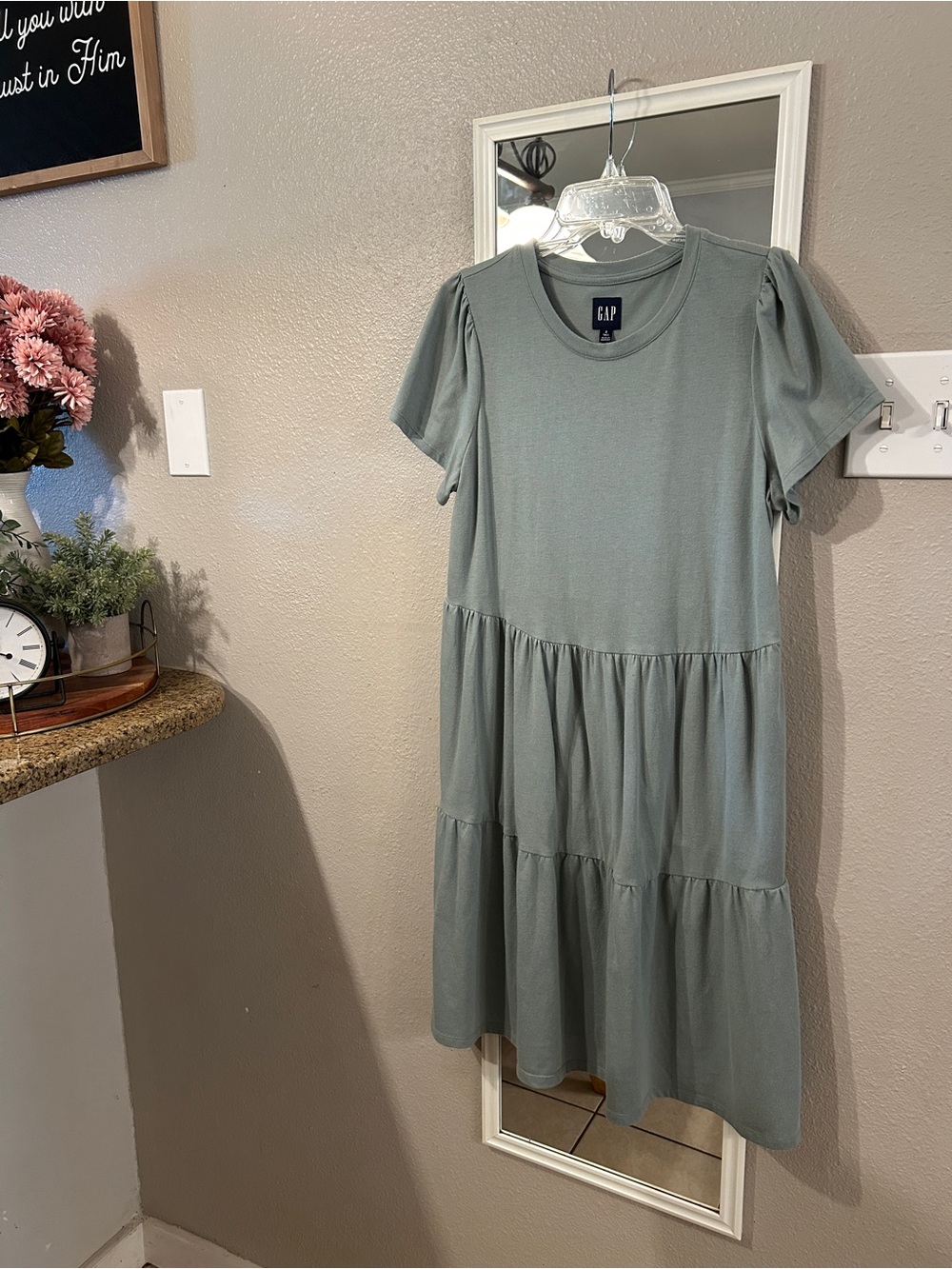 GAP Small Tall 37” Babydoll Dress - Sage Tiered Short Sleeve Dress